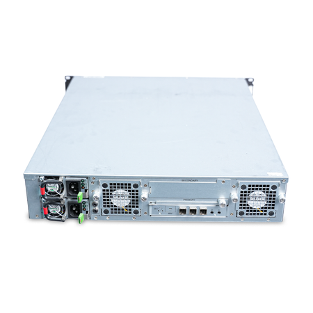 Elevated rear view of a 2U server with dual PSUs and primary controller.