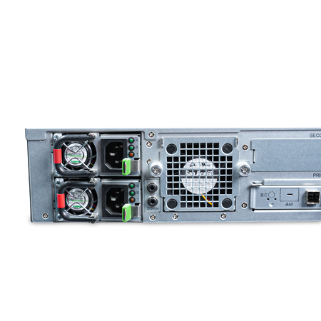 Close-up of a 2U server's dual PSUs and rear fan.