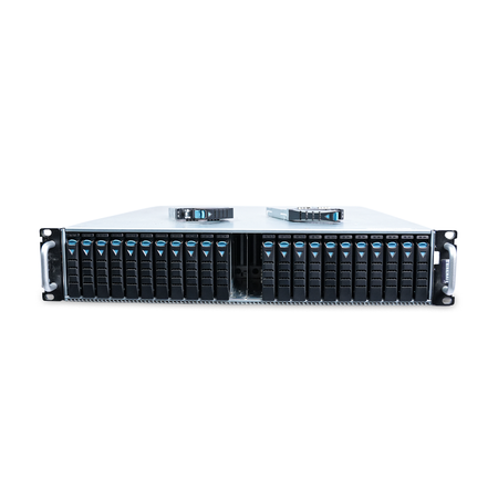 2U 24-bay server front with two drive trays removed.