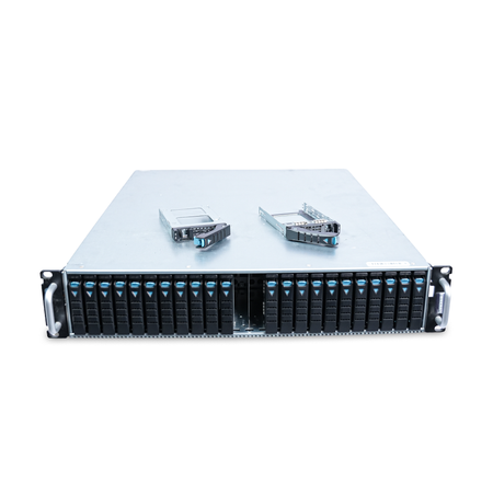 Elevated front view of a 2U 24-bay server with two drive trays removed.