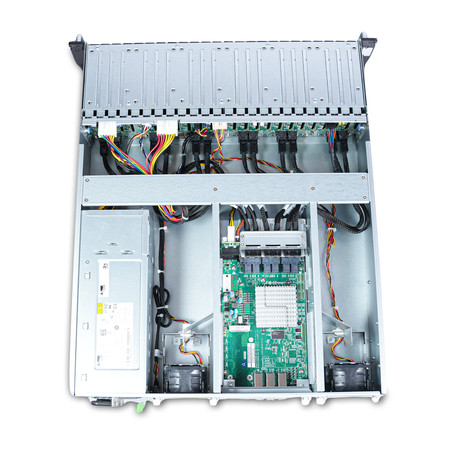 2U server interior with backplane, PSU, and expander board.
