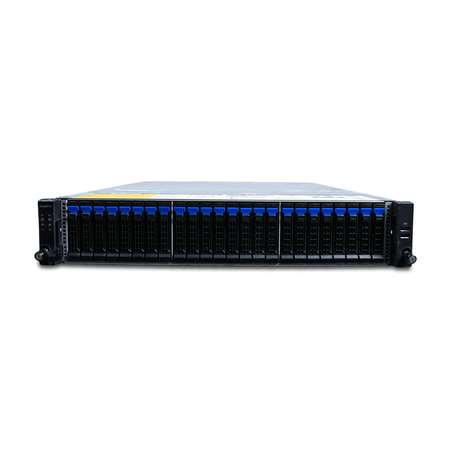 Front view of 2U rack server with 24 hot-swap 2.5-inch drive bays and blue release tabs.