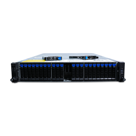 Front view of 2U rack server with several 2.5-inch drive trays removed and resting on top, showing empty bays.