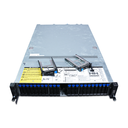 Top-angle view of 2U rack server with two empty drive bays and their 2.5-inch drive trays resting on the lid.