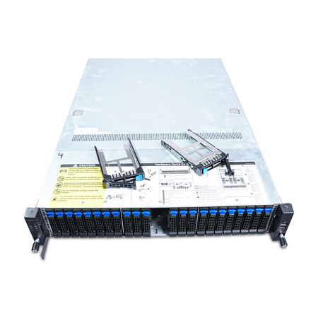 Angled top view of 2U rack server with two open drive trays resting on the lid above their empty front bays.