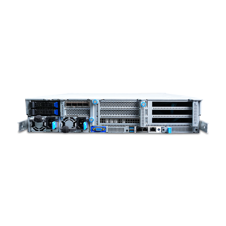 Straight-on rear view of 2U rack server with dual power supplies, two rear drive bays, PCIe slots, and I/O ports.