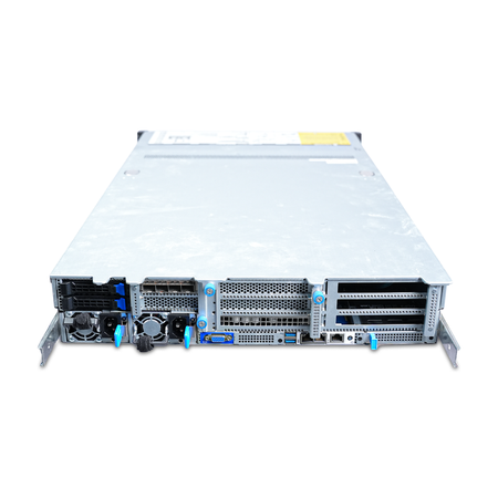 Rear view of 2U rack server with dual power supplies, two rear drive bays, and PCIe expansion slots.