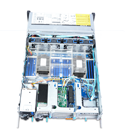 Overhead interior view of open 2U rack server showing dual CPU heatsinks under clear air shrouds, cooling fans, memory slots, and PCIe risers.
