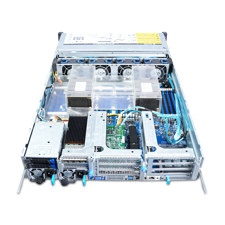 Rear-angled interior view of open 2U rack server showing dual CPU heatsinks, cooling fans, memory slots, and PCIe risers.