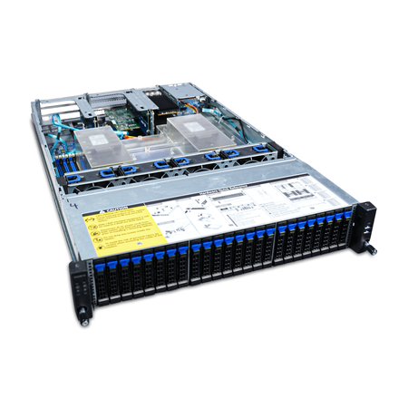 Front-angled view of open 2U rack server showing 24 drive bays, cooling fans, dual CPU heatsinks, and memory slots.