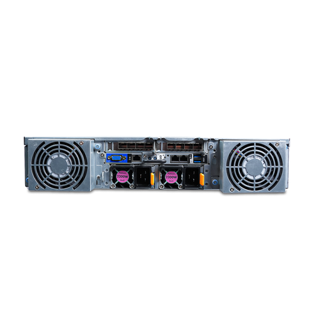 Rear view of a Gigabyte 2U server with dual 2200W PSUs and rear fans.