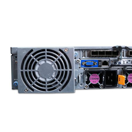 Close-up rear view of a Gigabyte 2U server with rear fan and 2200W Platinum PSU.