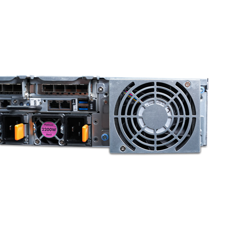 Close-up rear view of a Gigabyte 2U server with 2200W Platinum PSU, USB ports, and rear fan.
