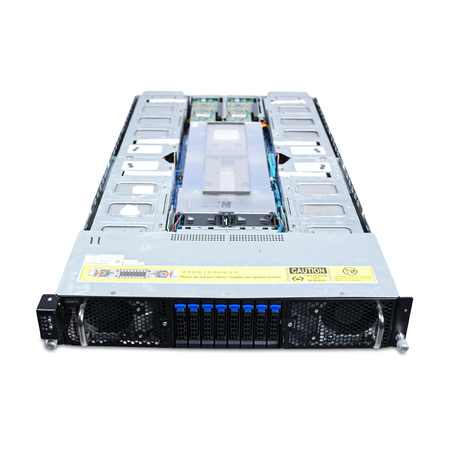 Angled top view of an open Gigabyte 2U server showing GPU bays and air shroud.