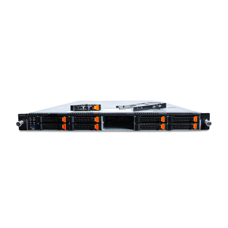 Front view of a Gigabyte 1U server with 10 bays, two trays removed on top.