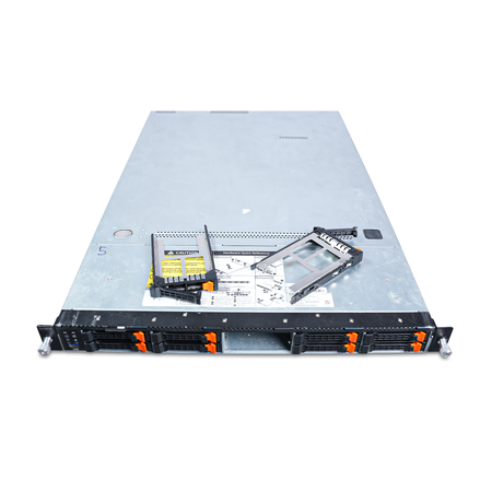Angled top view of a Gigabyte 1U server with 10 bays, two trays removed on top.