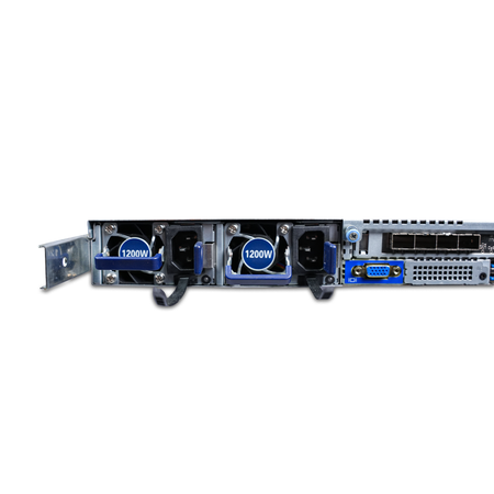 Close-up rear view of a Gigabyte 1U server with dual 1200W PSUs.