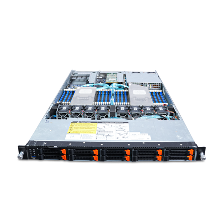 Angled front view of an open Gigabyte 1U server showing dual CPU heatsinks, DIMM slots, and fans.
