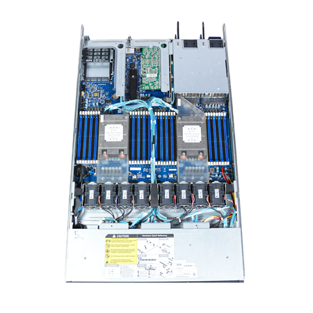 Top view inside a Gigabyte 1U server showing dual CPU heatsinks, DIMM slots, and fans.