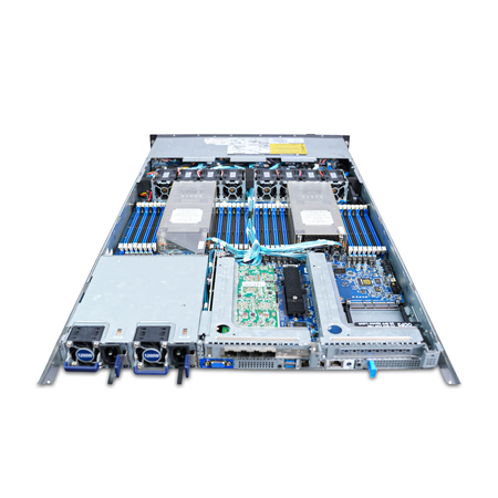 Angled rear view of an open Gigabyte 1U server showing dual CPU heatsinks, DIMM slots, and risers.