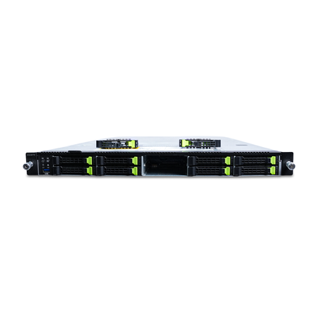Front view of a Gigabyte 1U server with 10 bays, two trays removed on top.