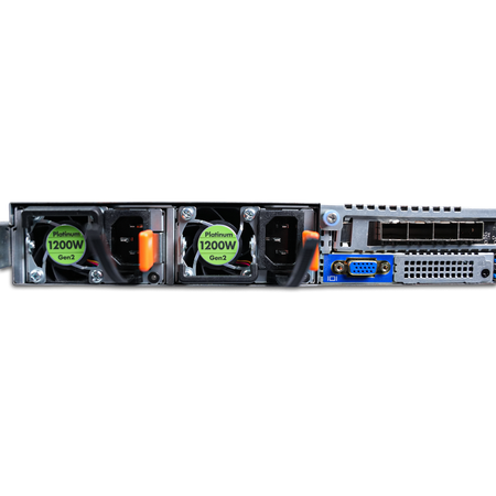 Close-up rear view of a Gigabyte 1U server with dual 1200W Platinum PSUs.