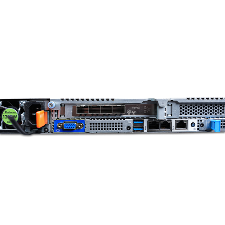 Close-up rear view of a Gigabyte 1U server with PCIe slot and I/O ports.
