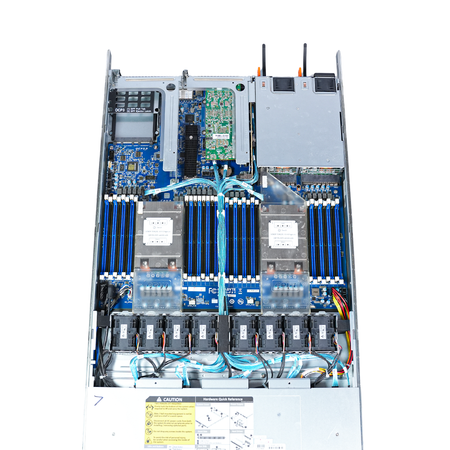 Top view inside a Gigabyte 1U server showing dual CPU heatsinks, DIMM slots, and fans.