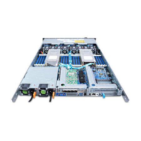 Angled rear view of an open Gigabyte 1U server showing dual CPU heatsinks, DIMM slots, and risers.