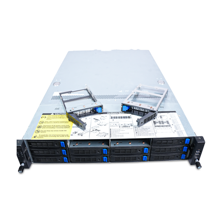Angled top view of a Gigabyte 2U 12-bay server, two trays removed.
