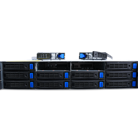Close-up front view of a Gigabyte 2U 12-bay server, two trays removed.