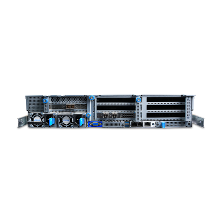Rear view of a Gigabyte 2U server with dual PSUs and PCIe slots.