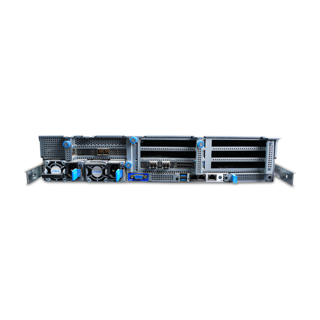 Low-angle rear view of a Gigabyte 2U server with dual PSUs.