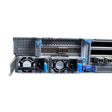 Rear close-up of a Gigabyte 2U server with dual 2000W PSUs.