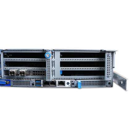 Rear close-up of a Gigabyte 2U server with PCIe slots and I/O ports.