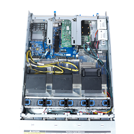 Top view inside a Gigabyte 2U server with risers and fans.