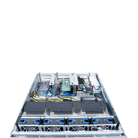 Angled interior view of a Gigabyte 2U server with fans and risers.