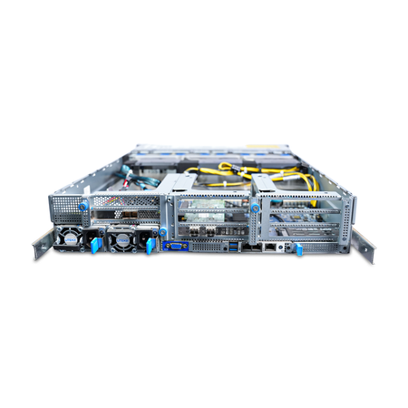 Rear view of an open Gigabyte 2U server with risers and dual PSUs.