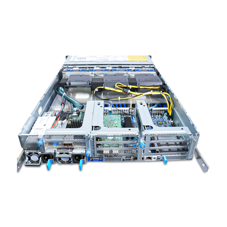 Angled rear view of an open Gigabyte 2U server with risers and fans.