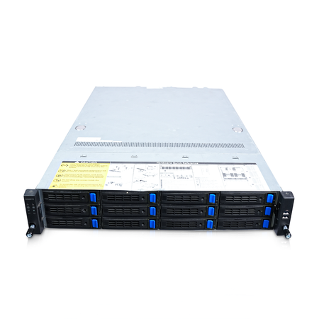 Elevated front view of a 2U server with 12 drive bays.