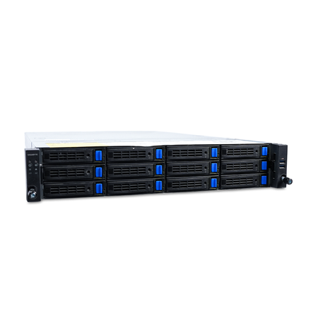 Angled front view of a Gigabyte 2U server with 12 drive bays.