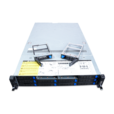 Angled top view of a Gigabyte 2U 12-bay server, two trays removed.