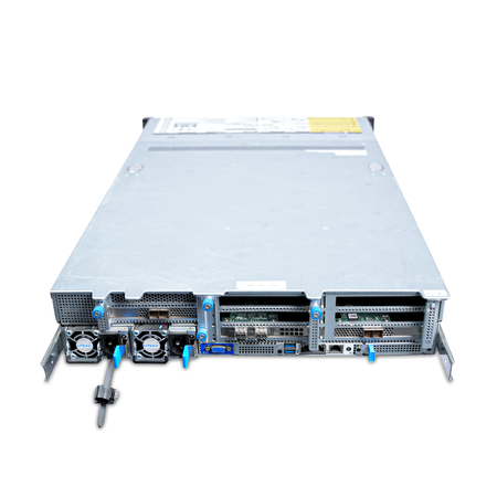 Angled rear top view of a Gigabyte 2U server with dual PSUs and PCIe slots.
