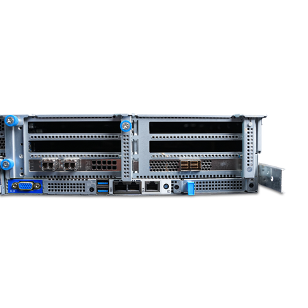 Close-up rear view of a Gigabyte 2U server with PCIe slots and I/O ports.