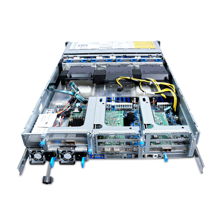 Angled rear view of an open Gigabyte 2U server with risers and fans.