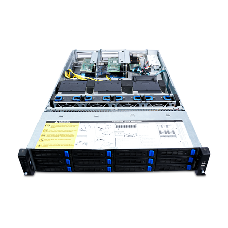 Angled front view of an open Gigabyte 2U 12-bay server with fans and risers.