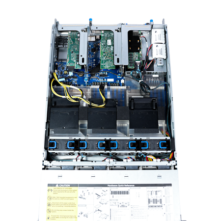 Top view inside a Gigabyte 2U server showing risers, air shrouds, and fans.