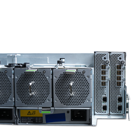 Close-up rear view of a Seagate Exos E 4U106 with fan modules, PSU, and dual I/O modules.