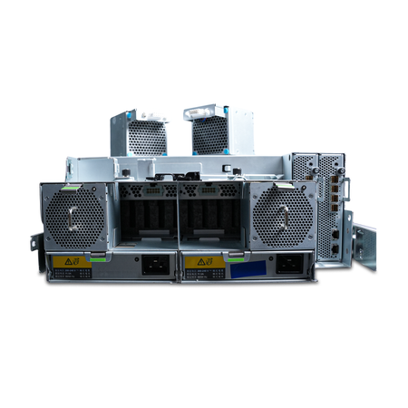 Rear view of a Seagate Exos E 4U106 with PSUs, I/O modules, and two fan modules removed on top.