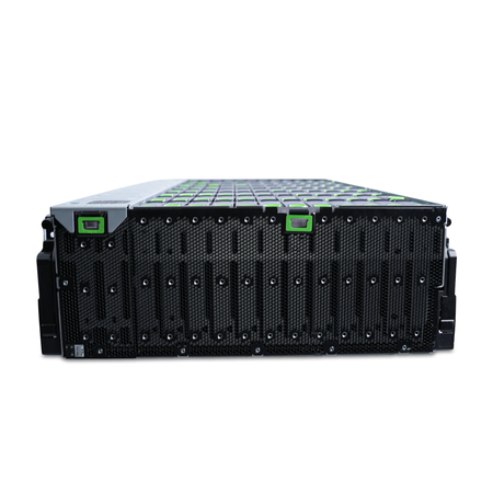 Front view of a Seagate Exos E 4U106 106-bay JBOD enclosure with top-loading drive bays visible.